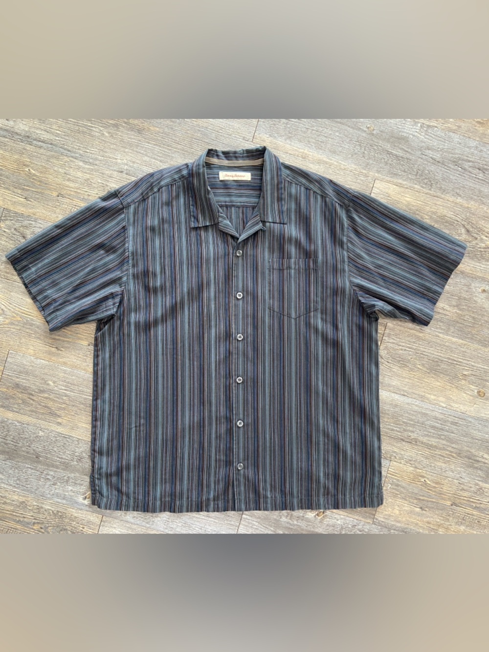 VTG Tommy Bahama 100% Silk Men’s XL Black Multicolor Micro Stripes Short Sleeve